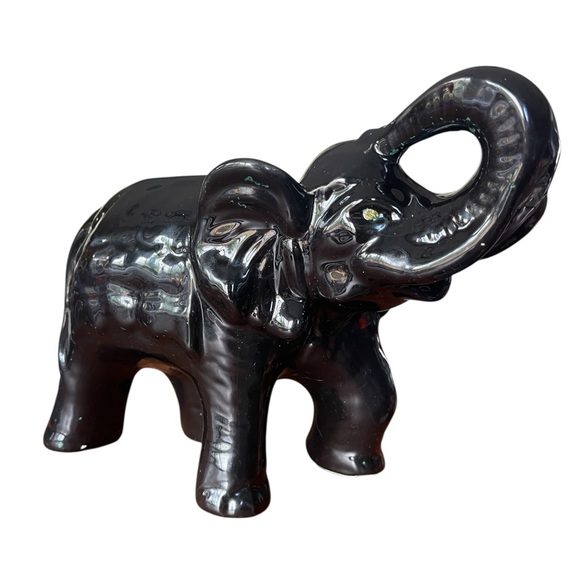 Vtg Ceramic Black Elephant Figurine Glossy Trunk Up Good Luck Prosperity MCM - Picture 4 of 5